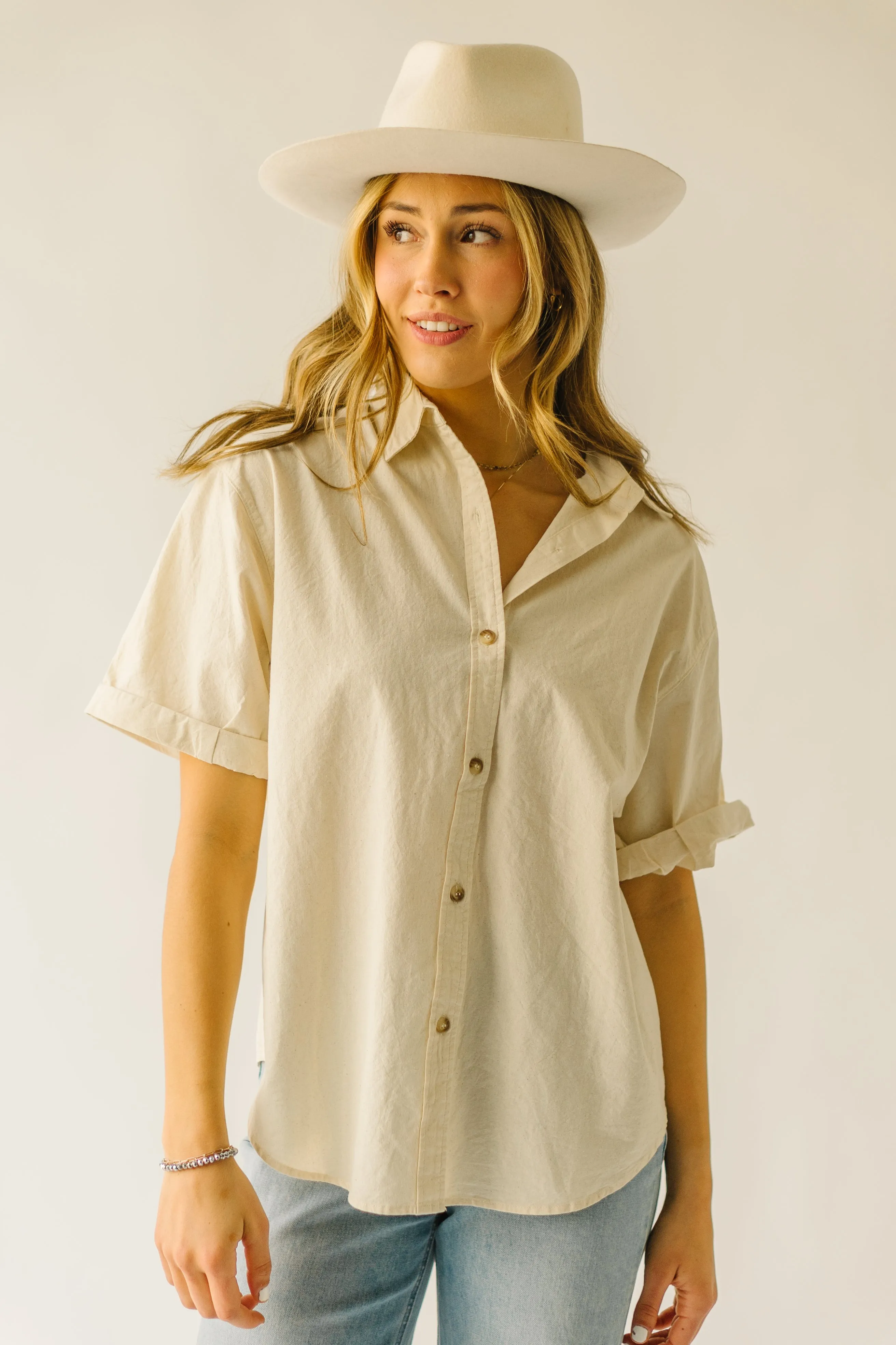 The Rosner Cuff Sleeved Button-Up Blouse in Natural