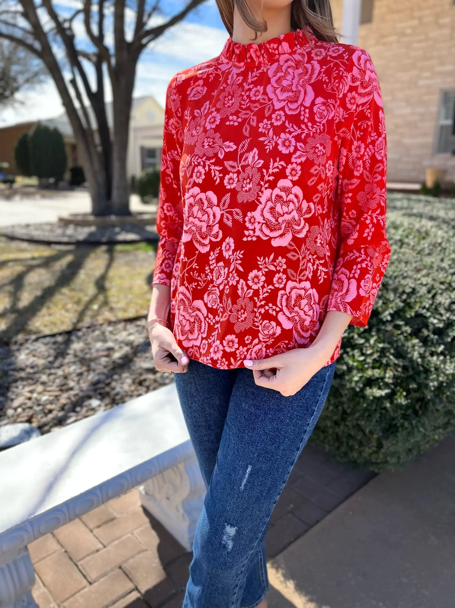 Tiana Floral Mock Neck Blouse- Pink/Red