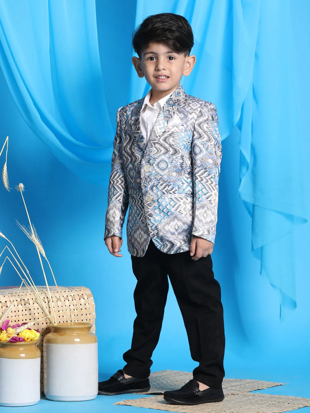 VASTRAMAY Boy' Grey Multi-Color Printed  Silk Blend Blazer