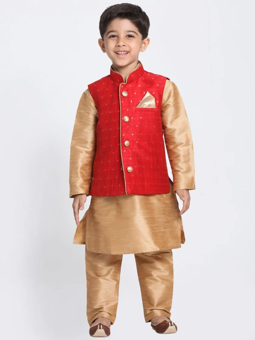 Vastramay Boys' Maroon Woven Design Nehru Jacket With Rose Gold Kurta and Pajamas Set