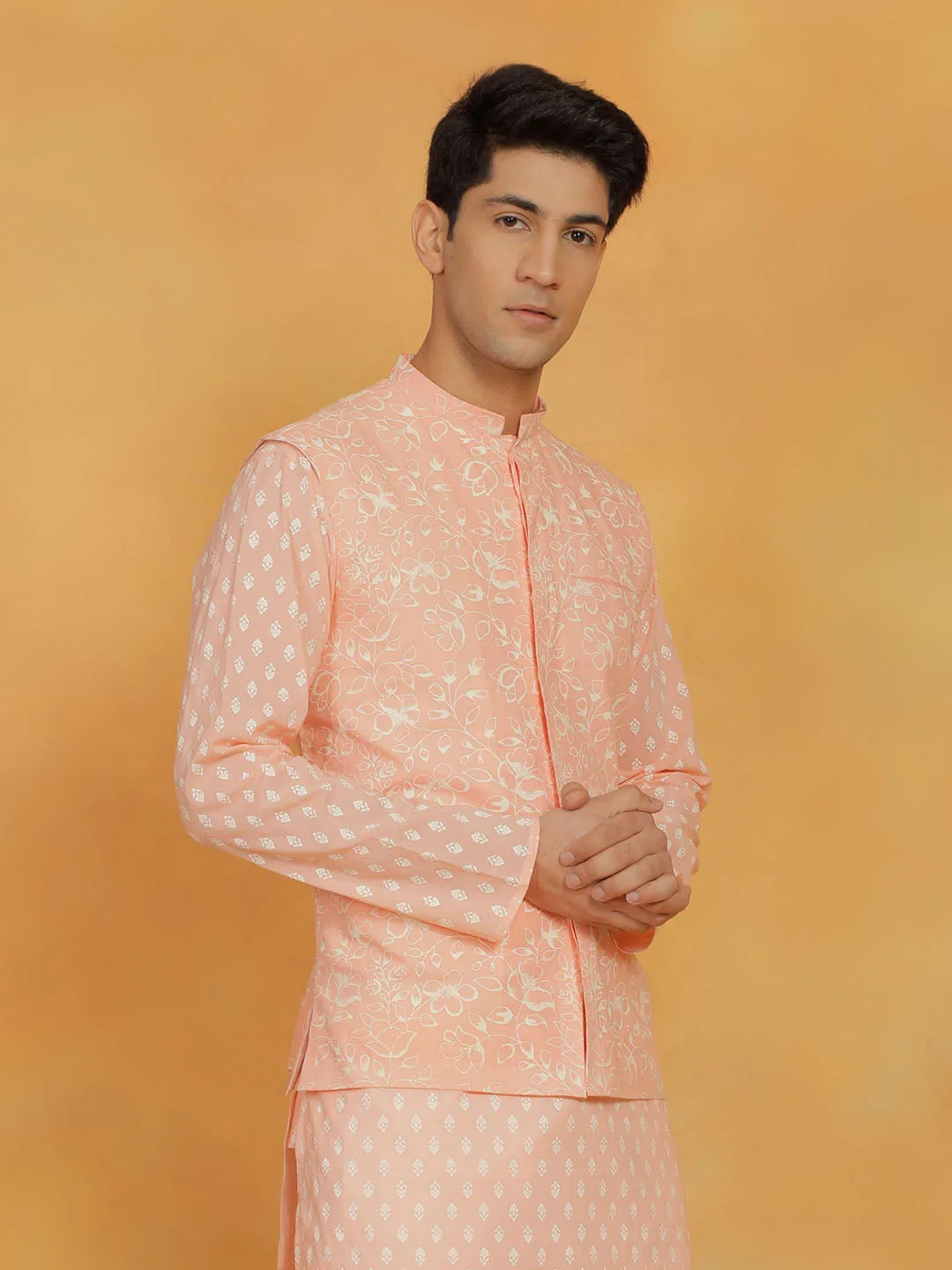 VASTRAMAY Men's Peach Cotton Nehru Jacket