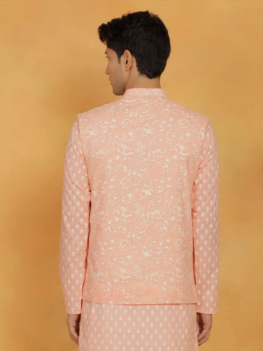 VASTRAMAY Men's Peach Cotton Nehru Jacket