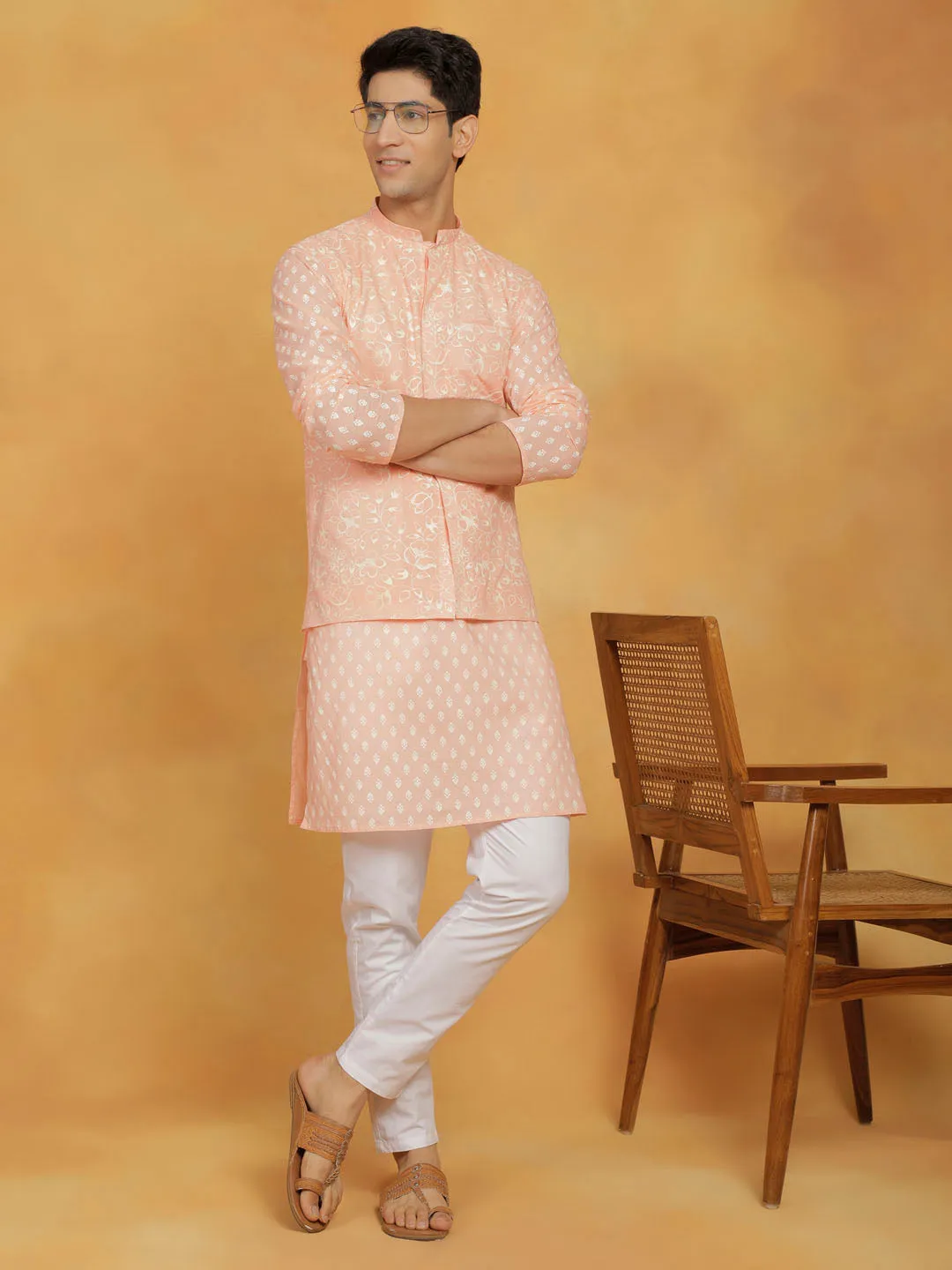 VASTRAMAY Men's Peach Cotton Nehru Jacket