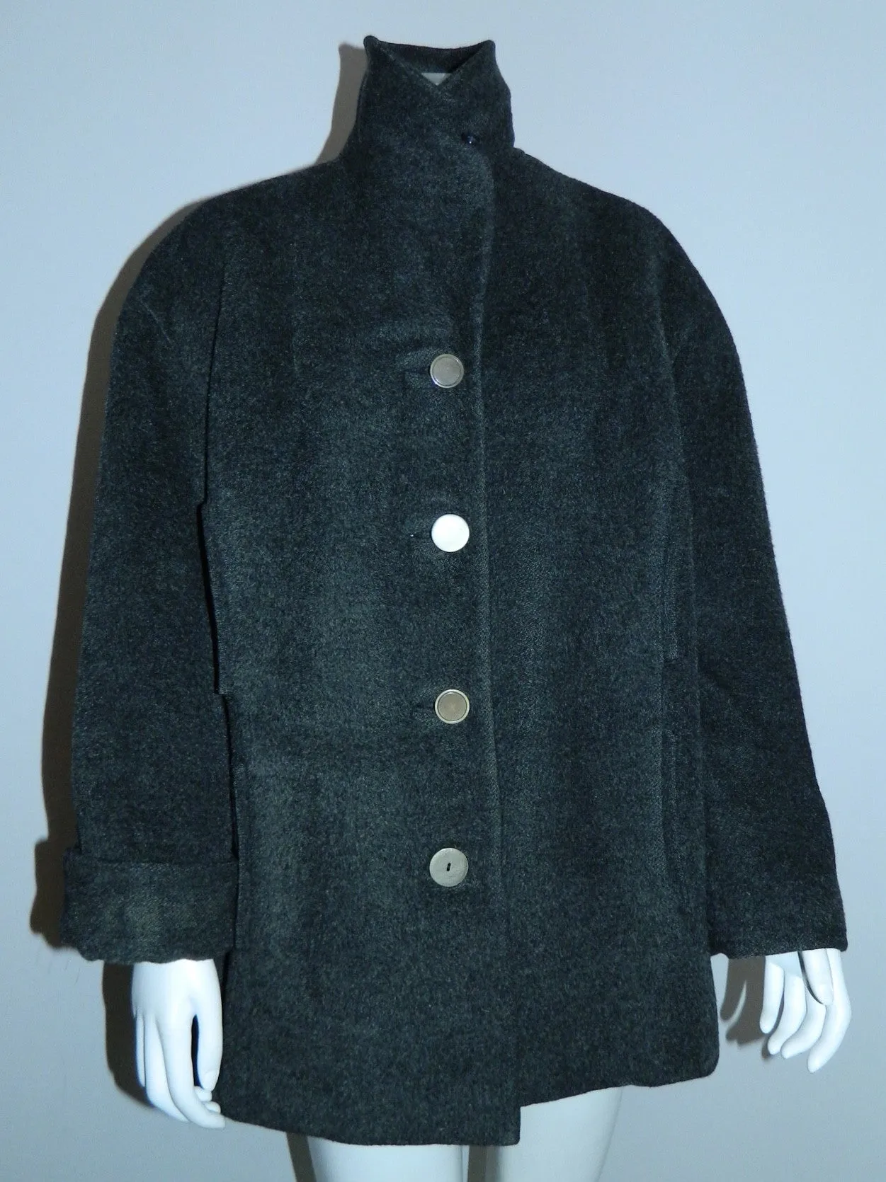 vintage 1950s Hattie Carnegie coat gray wool alpaca / fur lining M - L