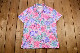 Vintage 1970s Floral Quarter-Button Up Short Sleeve Blouse / Retro Fashion / Beachwear / Vintage Womenswear / Made in USA