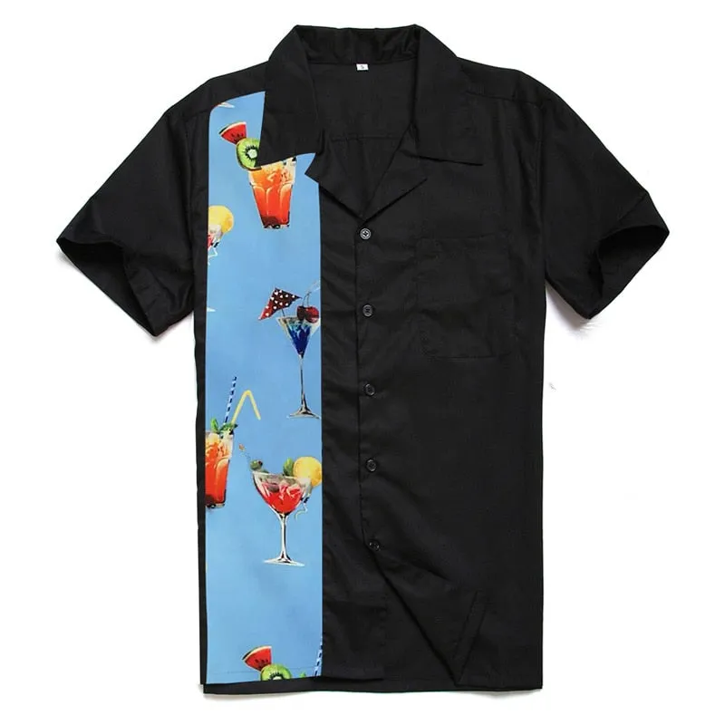 Vintage Rockabilly Men Shirts Cocktail Print Cotton Shirt Short Sleeve Punk Style Black Hawaiian Shirt Party Beach Wear Clothing