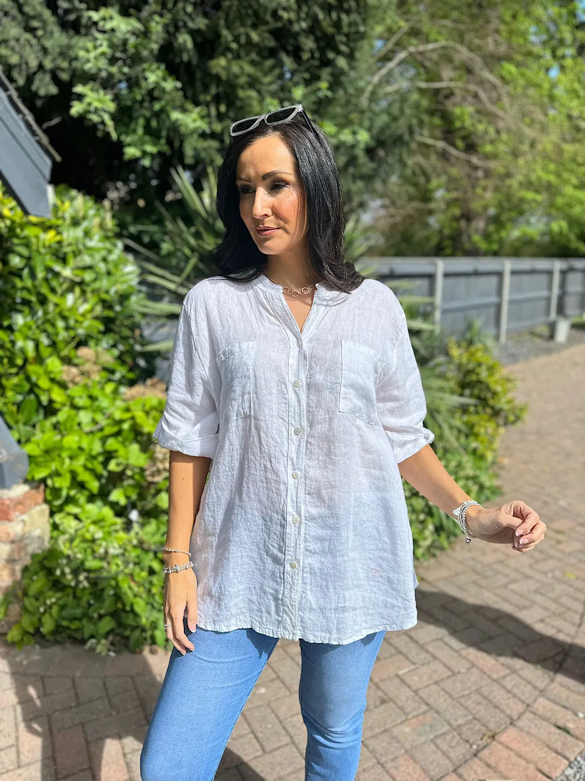 White Linen Sequin Crochet Detail Blouse May