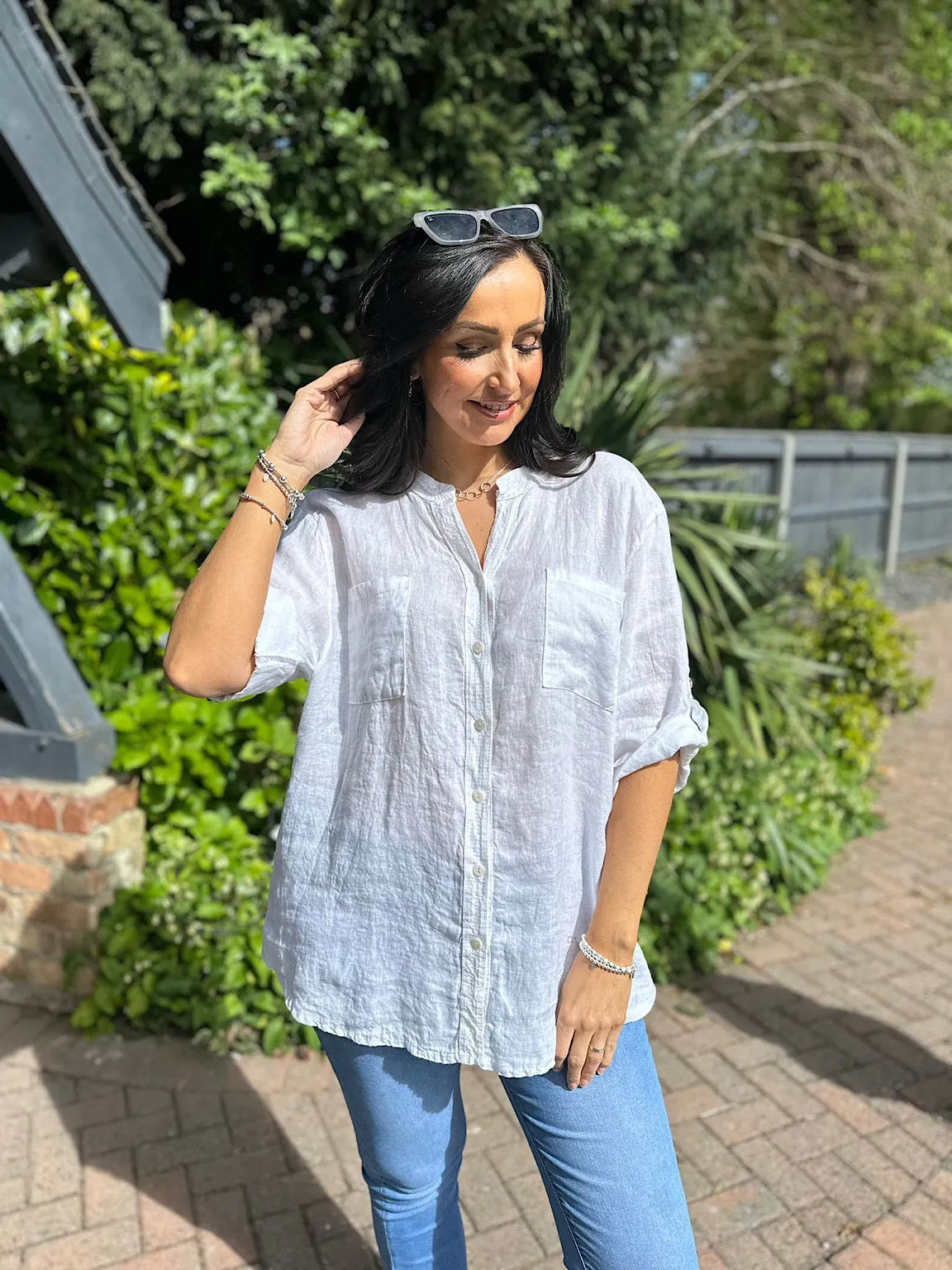 White Linen Sequin Crochet Detail Blouse May