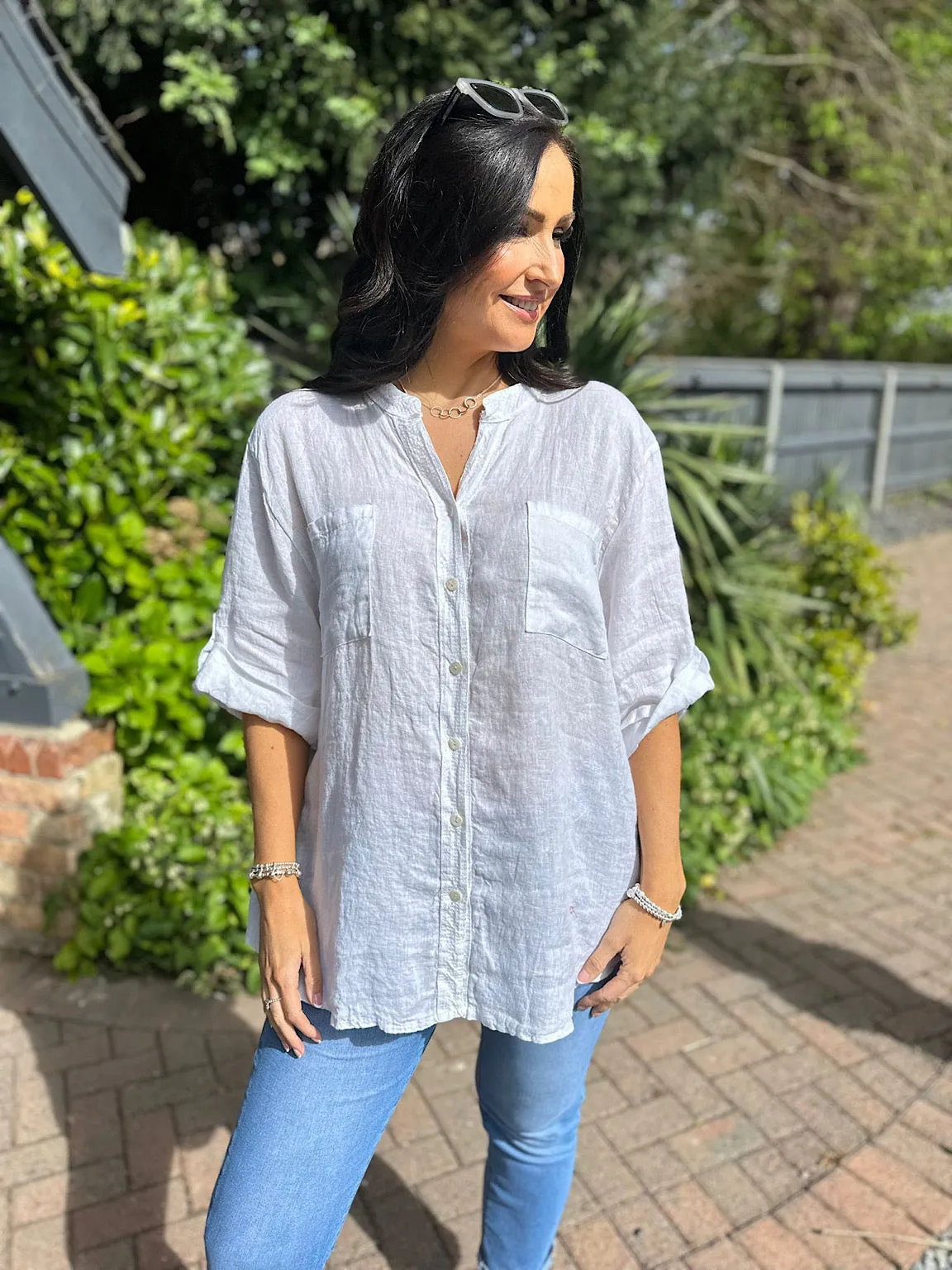 White Linen Sequin Crochet Detail Blouse May