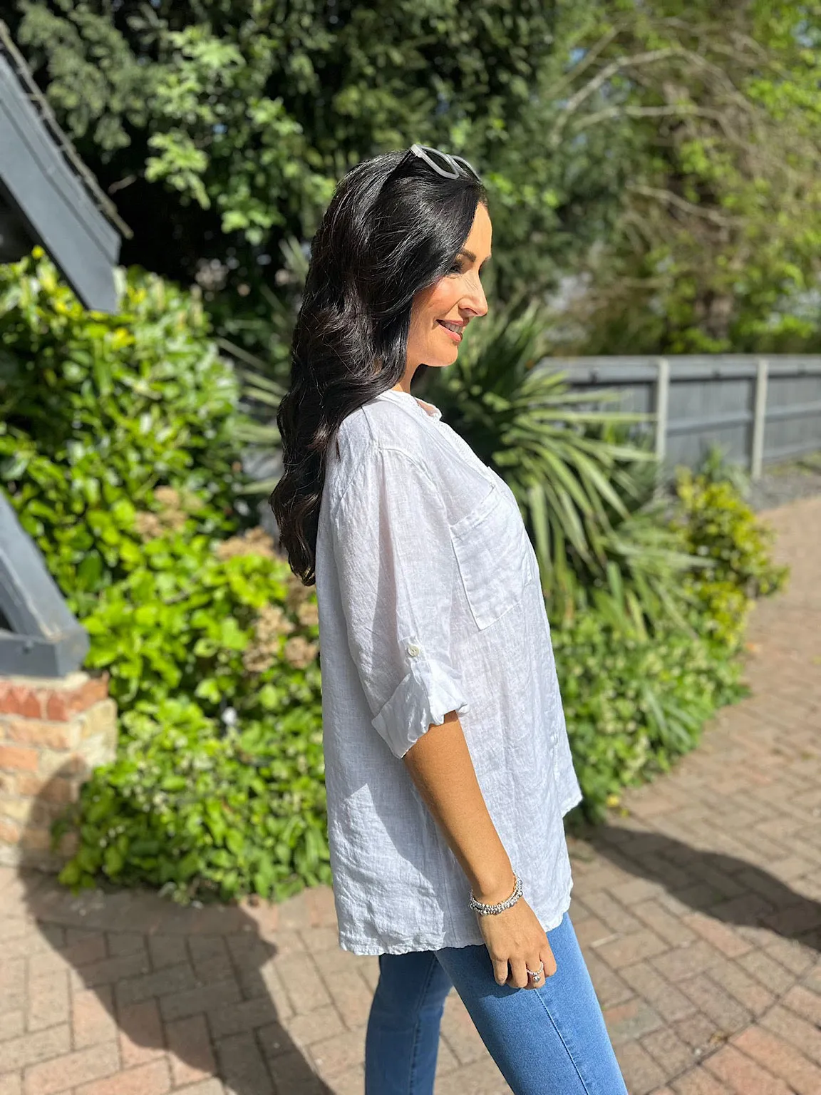 White Linen Sequin Crochet Detail Blouse May