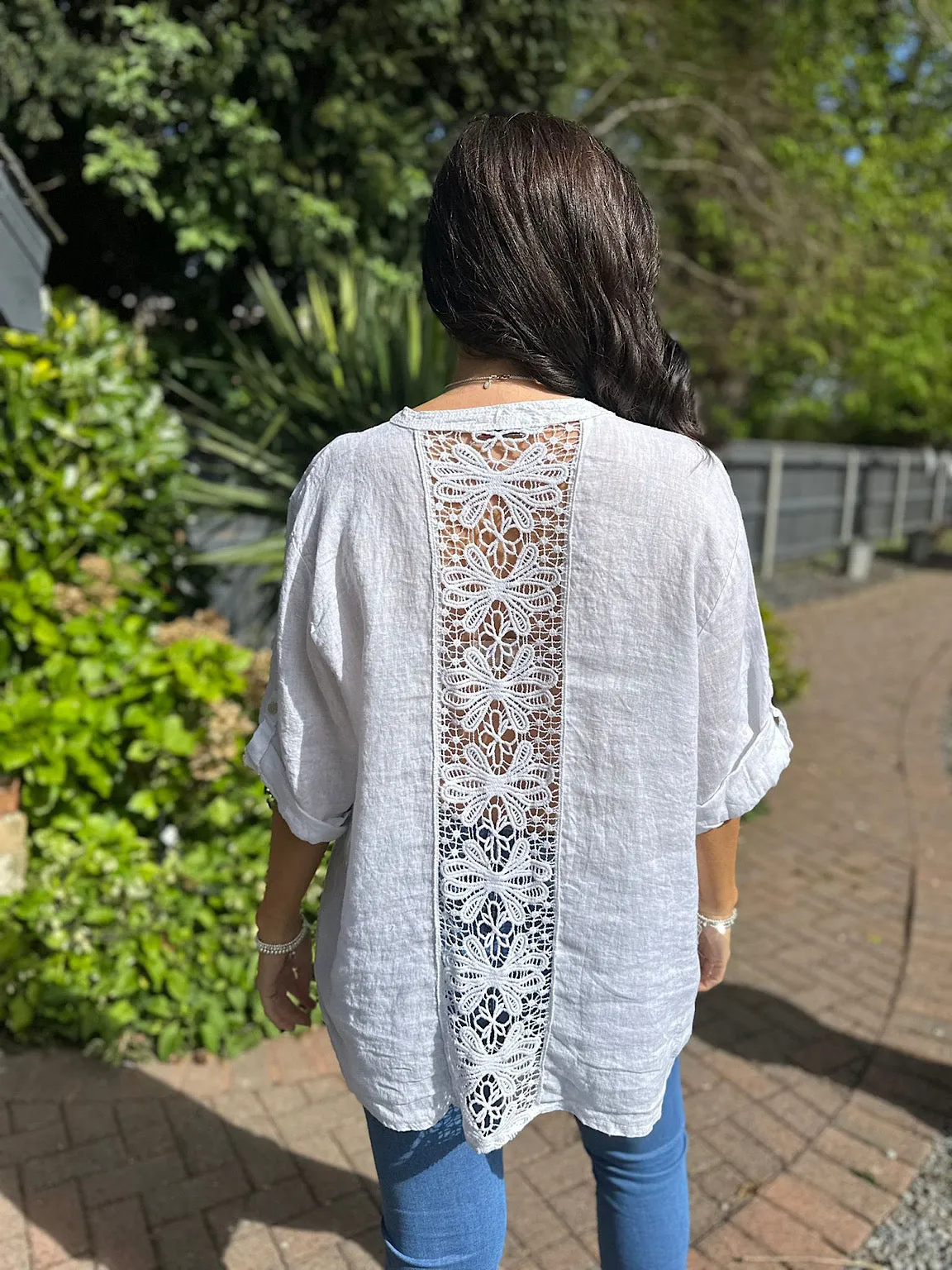 White Linen Sequin Crochet Detail Blouse May