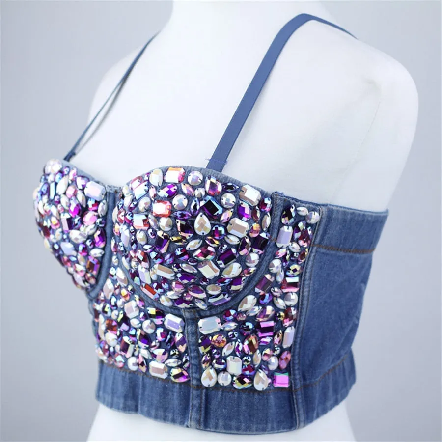 Winter Short Crop Tank Woman Top With Cups Off Shoulder Strap Corset Top Sexy Acrylic Denim Nightclub Clothing