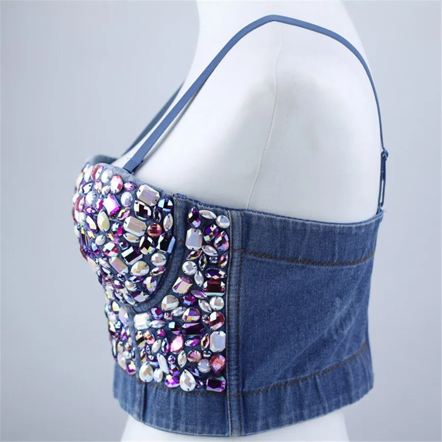 Winter Short Crop Tank Woman Top With Cups Off Shoulder Strap Corset Top Sexy Acrylic Denim Nightclub Clothing