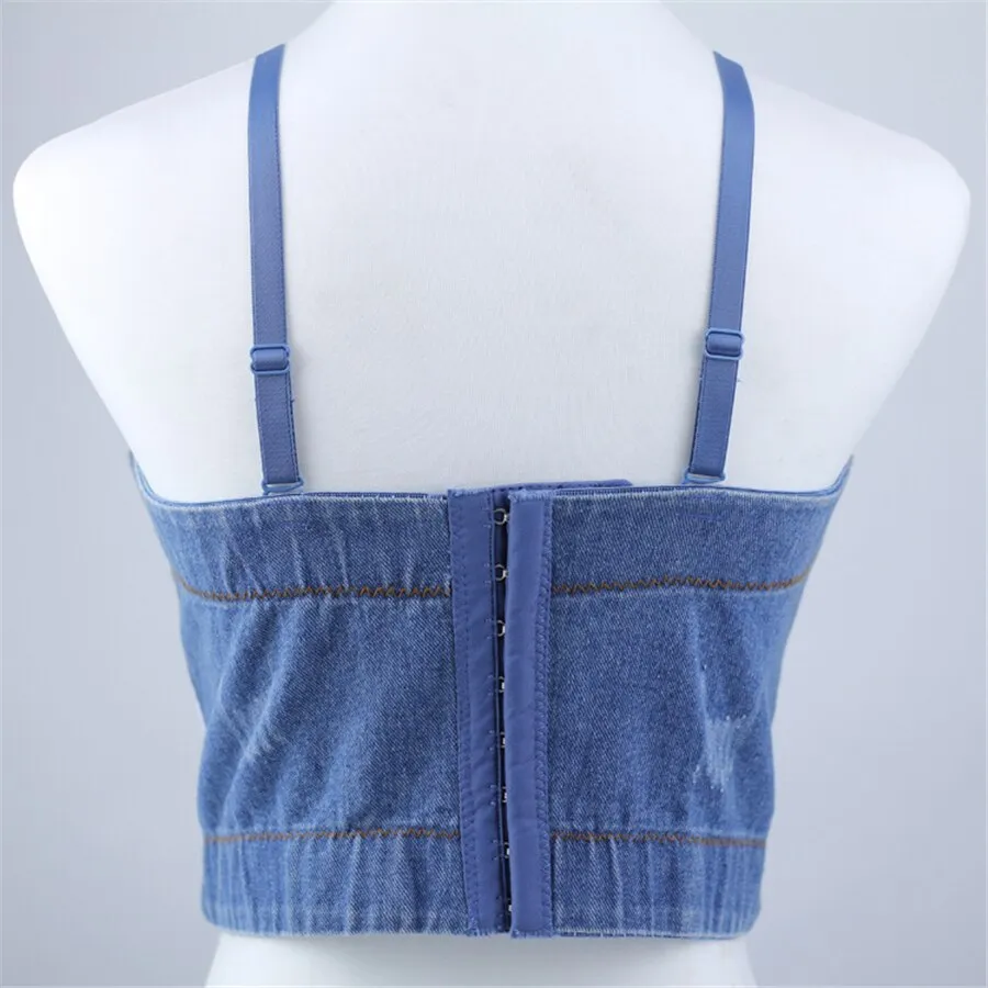 Winter Short Crop Tank Woman Top With Cups Off Shoulder Strap Corset Top Sexy Acrylic Denim Nightclub Clothing