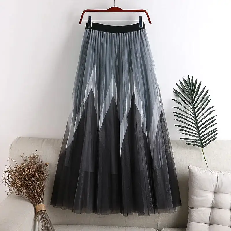 Women Solid Color Midi Mesh Black Skirt Fairy High Waist Pleated Long Printed A-line Skirt For Spring Summer