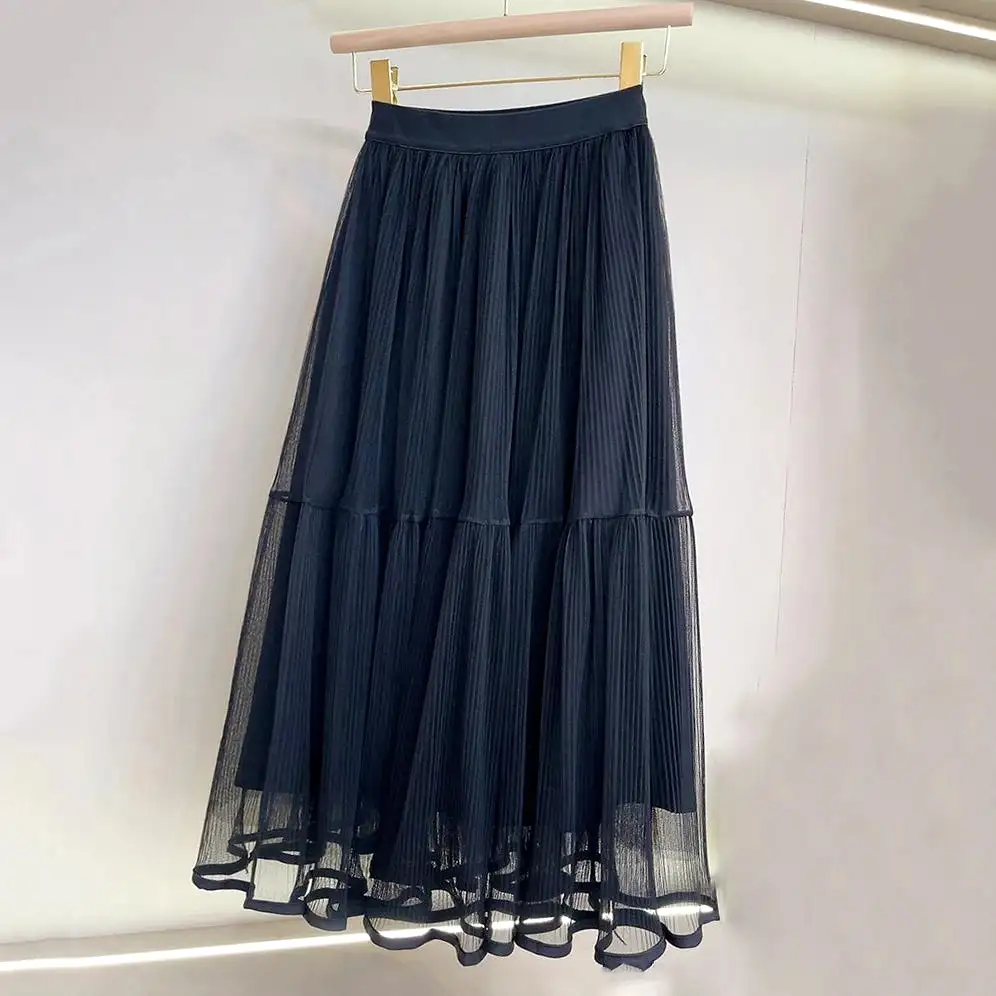 Women Solid Color Midi Mesh Black Skirt Fairy High Waist Pleated Long Printed A-line Skirt For Spring Summer