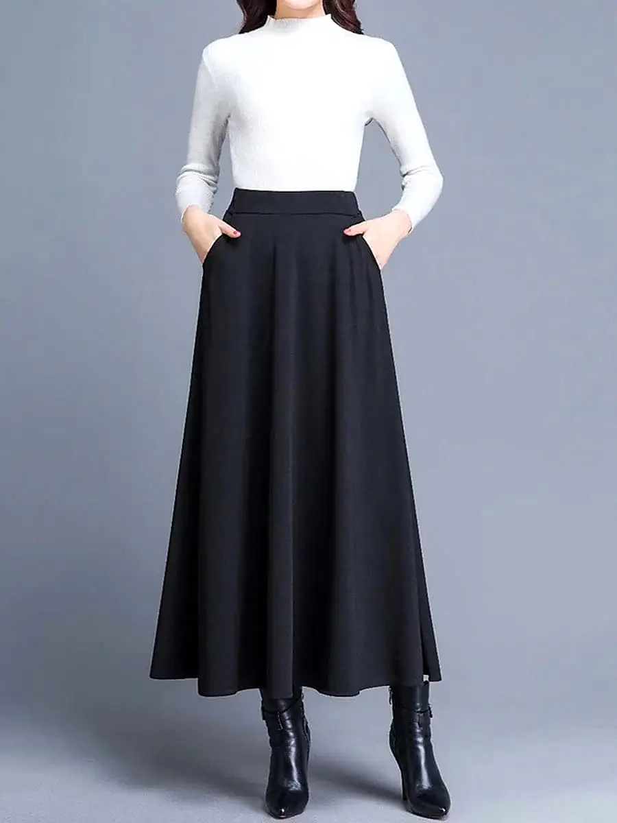 Women's Elegant A-Line Work Skirt with Pockets and Zipper Closure