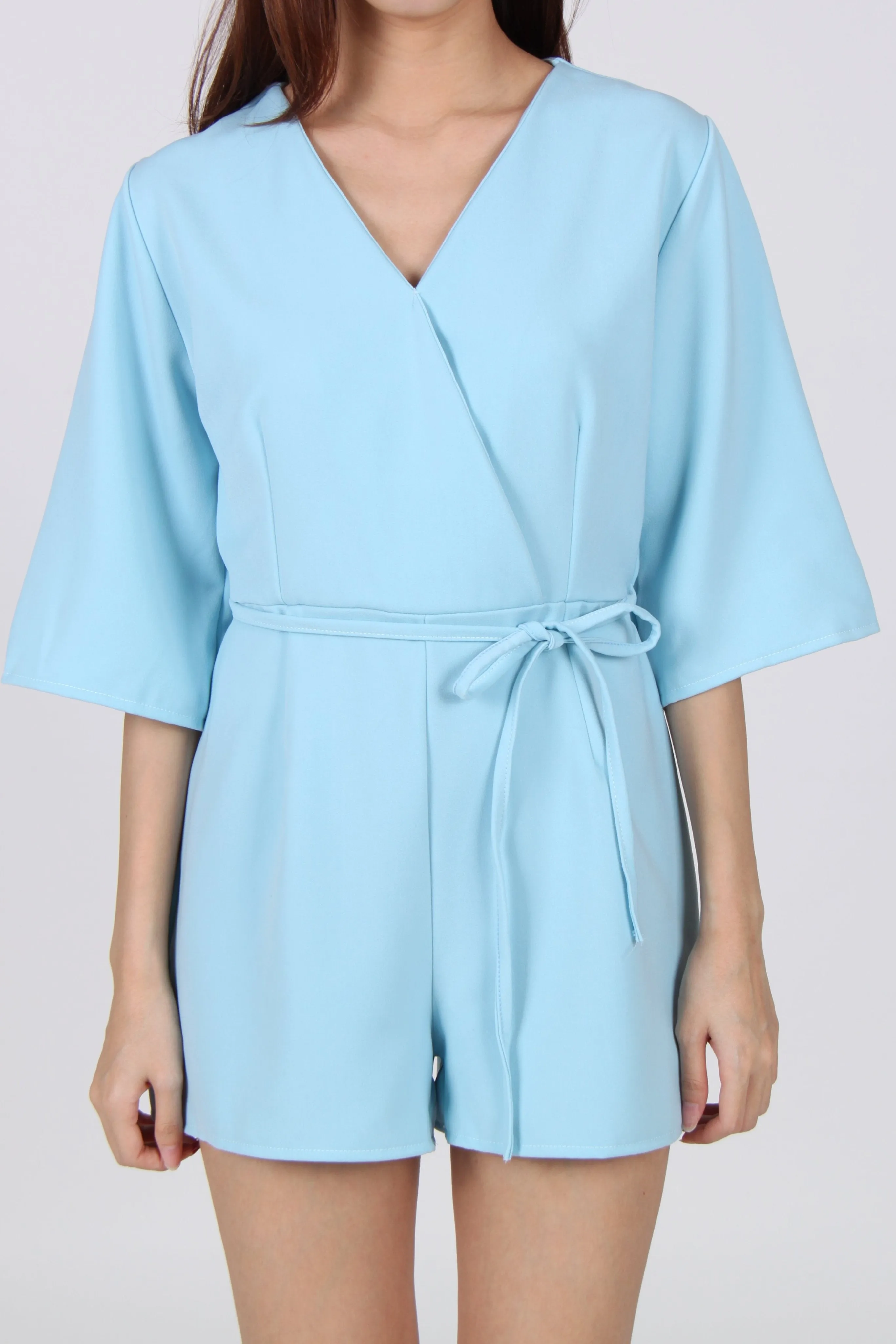 Wrap Quarter Sleeve Romper in Light Blue