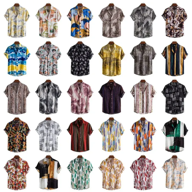 Xituodai Dopamine Dressing Men's Casual Short-sleeved Flower Shirt Hawaiian Menswear Patchwork Print Turn-down Collar Clothing L