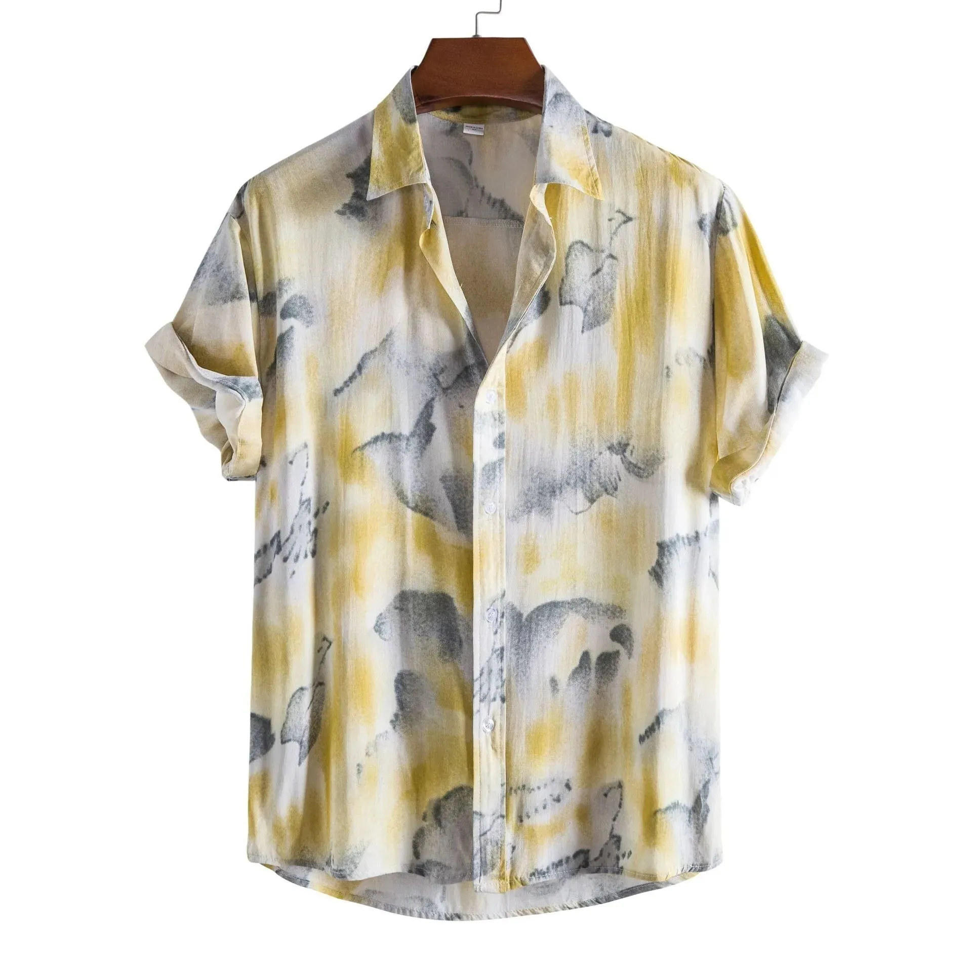 Xituodai Dopamine Dressing Men's Casual Short-sleeved Flower Shirt Hawaiian Menswear Patchwork Print Turn-down Collar Clothing L