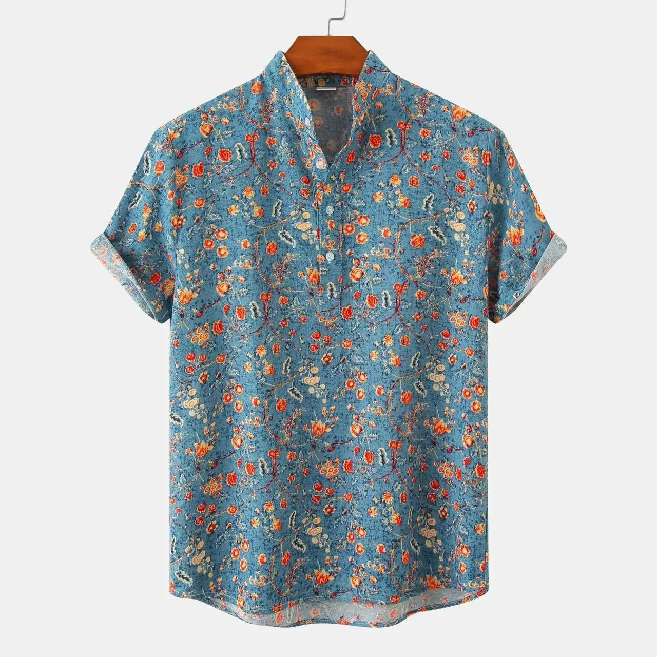 Xituodai Floral Beach Short Sleeve Shirt Pullover Print Stand Fashionable Holiday Vintage XXXL Men‘s Clothing Retro Breathable M