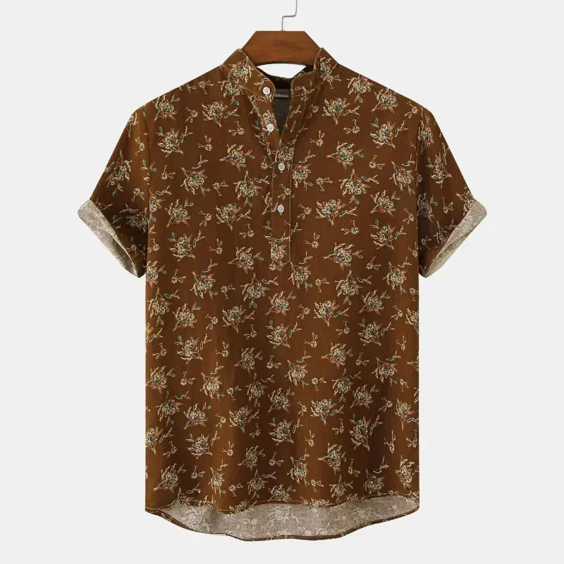 Xituodai Floral Beach Short Sleeve Shirt Pullover Print Stand Fashionable Holiday Vintage XXXL Men‘s Clothing Retro Breathable M