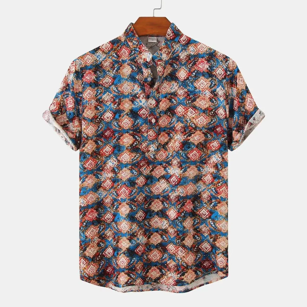 Xituodai Floral Beach Short Sleeve Shirt Pullover Print Stand Fashionable Holiday Vintage XXXL Men‘s Clothing Retro Breathable M