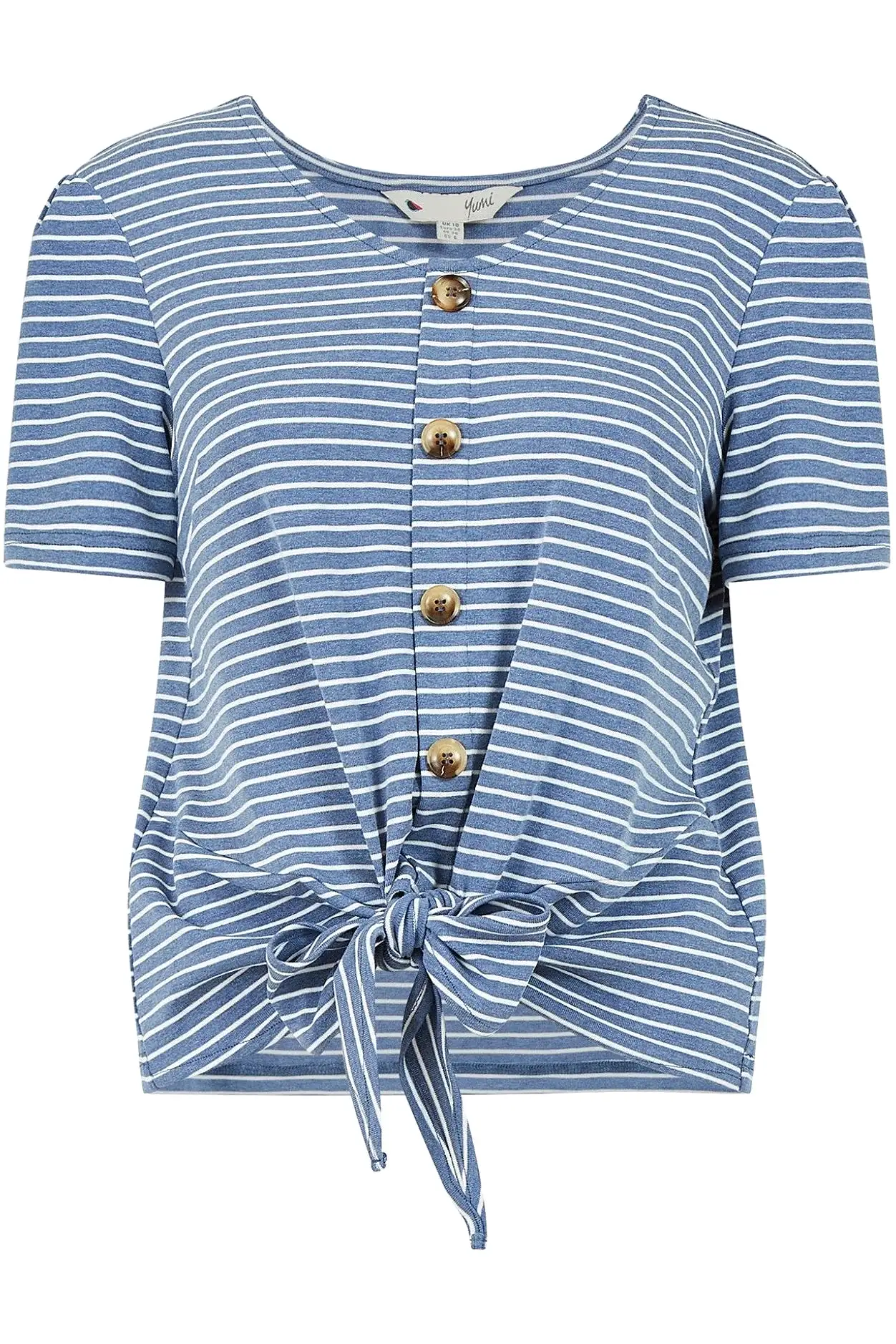 Yumi Blue Striped Jersey Button Detail Top